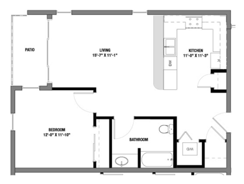 Floor plan for 1 bed, 1 bath, 708 sqft